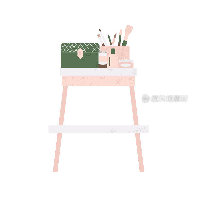 Bedroom furniture - dressing table with cosmetics in flat cartoon style. Cute vanity table in Scandinavian style. Vector illustration isolated on white background.